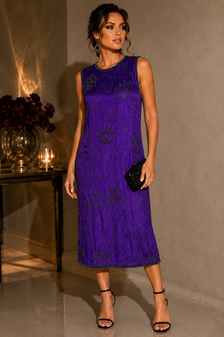 Vtg 90s Purple Silk Beaded Dress Size XL Floral Embellished Cocktail Sheath Glam